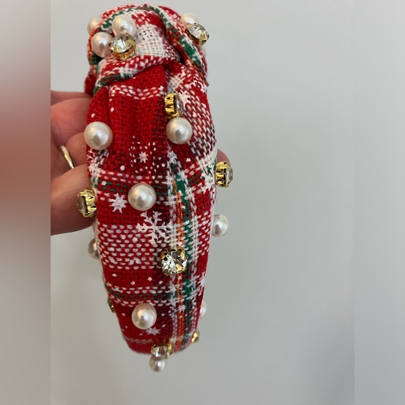 Plaid Red Headband With Faux Pearl and Rhinestone. - Picture 2 of 3